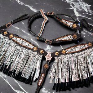 Stunning Triple Fringe Copper Python BreastCollar Headstall Set